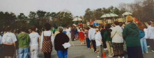 Families attending the school's playground ceremony in 2000.